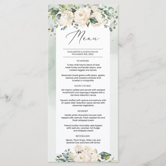 Greenery Foliage White Roses Boho Wedding Menu (Front)