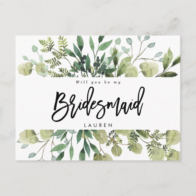 greenery foliage will you be my bridesmaid card (Front)