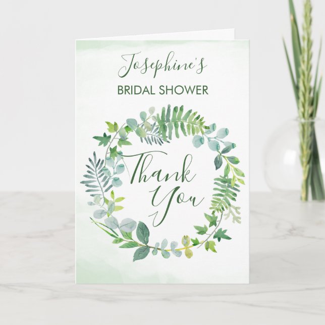 Greenery Foliage Wreath Watercolor Bridal Shower Thank You Card (Front)