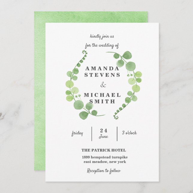 Greenery foliage Wreath Watercolor green Wedding Invitation (Front/Back)