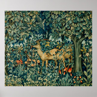 GREENERY,FOREST ANIMALS, DOES ,BIRDS Floral Poster