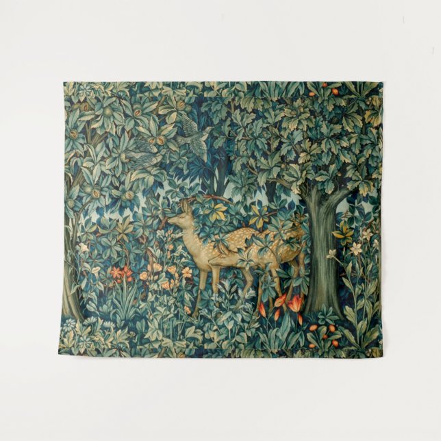 GREENERY,FOREST ANIMALS, DOES ,BIRDS Floral  Tapestry (Front (Horizontal))