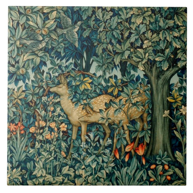 GREENERY,FOREST ANIMALS, DOES ,BIRDS Floral Tile (Front)