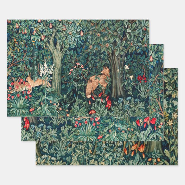GREENERY,FOREST ANIMALS,Fox and Hares Green Floral Wrapping Paper Sheet (Set)