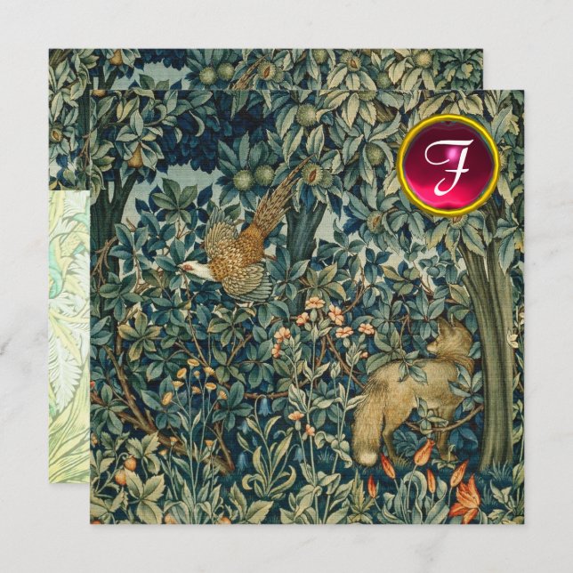 GREENERY,FOREST ANIMALS Fox ,Pheasant,Green Floral Invitation (Front/Back)