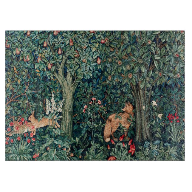 GREENERY,FOREST ANIMALS Hares,Fox,Green Floral  Cutting Board (Front)