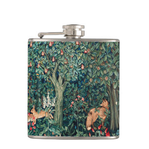 GREENERY,FOREST ANIMALS Hares ,Fox,Green Floral Hip Flask