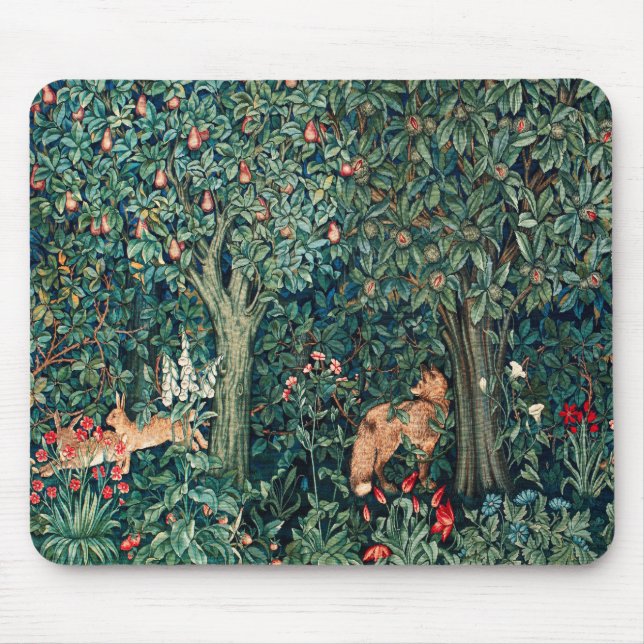 GREENERY,FOREST ANIMALS Hares ,Fox,Green Floral Mouse Pad (Front)