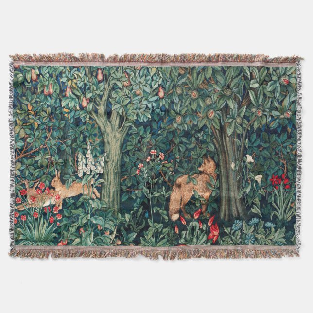 GREENERY,FOREST ANIMALS Hares ,Fox,Green Floral Throw Blanket (Front)