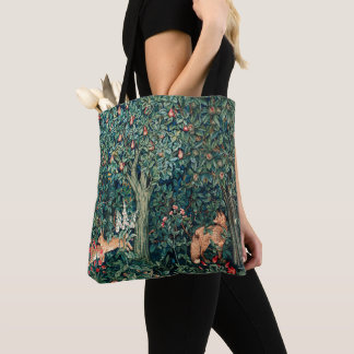 GREENERY,FOREST ANIMALS Hares ,Fox,Green Floral Tote Bag
