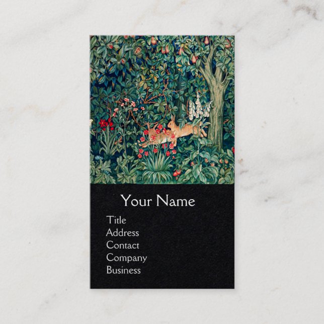 GREENERY,FOREST ANIMALS Hares ,Green Floral Business Card (Front)