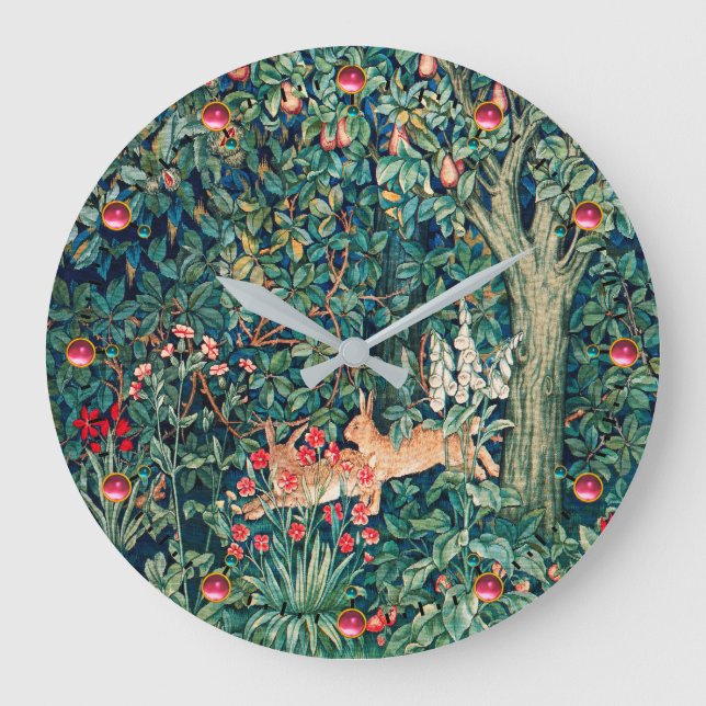 GREENERY,FOREST ANIMALS Hares ,Green Floral  Large Clock (Front)
