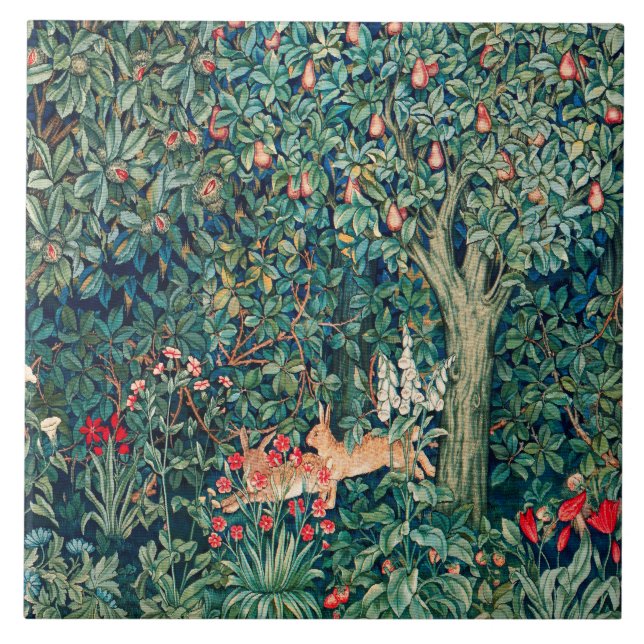 GREENERY,FOREST ANIMALS Hares ,Green Floral Tile (Front)