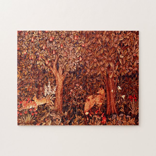 GREENERY,FOREST ANIMALS Hares,Red Fox,Brown Floral Jigsaw Puzzle (Horizontal)