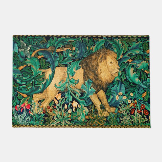 GREENERY,FOREST ANIMALS  LION Floral  Doormat (Front)
