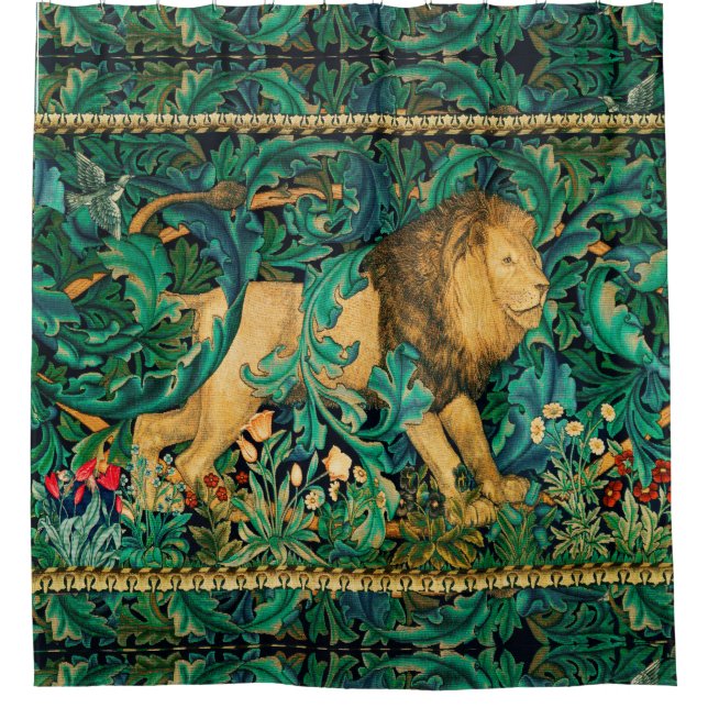 GREENERY,FOREST ANIMALS  LION Floral  Shower Curtain (Front)
