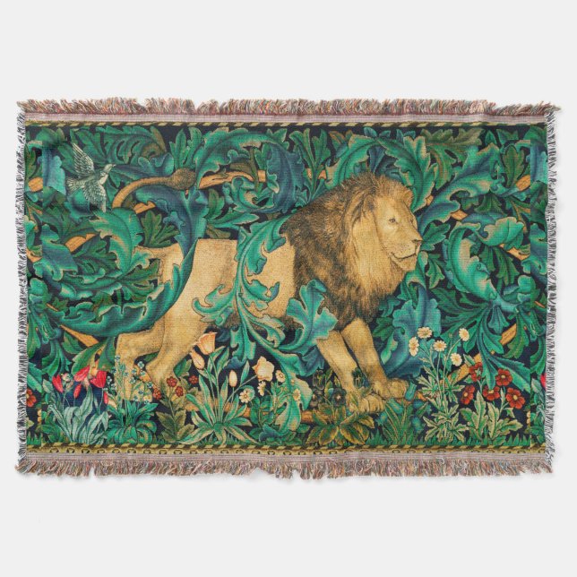 GREENERY,FOREST ANIMALS  LION Floral Throw Blanket (Front)