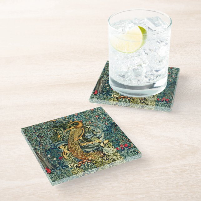 GREENERY, FOREST ANIMALS,PEACOCK IN GREEN FLORAL   GLASS COASTER (Angled)