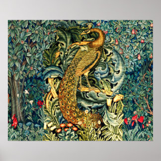 GREENERY, FOREST ANIMALS,PEACOCK IN GREEN FLORAL POSTER
