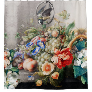 GREENERY, FOREST ANIMALS,PEACOCK IN GREEN FLORAL   SHOWER CURTAIN