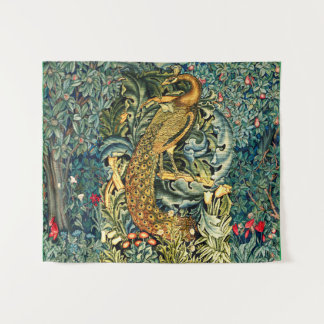 GREENERY, FOREST ANIMALS,PEACOCK IN GREEN FLORAL TAPESTRY