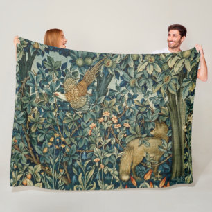 GREENERY,FOREST ANIMALS Pheasant ,Fox,Green Floral Fleece Blanket