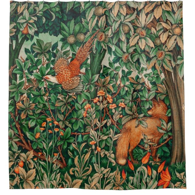 GREENERY,FOREST ANIMALS Pheasant ,Fox,Green Floral Shower Curtain (Front)