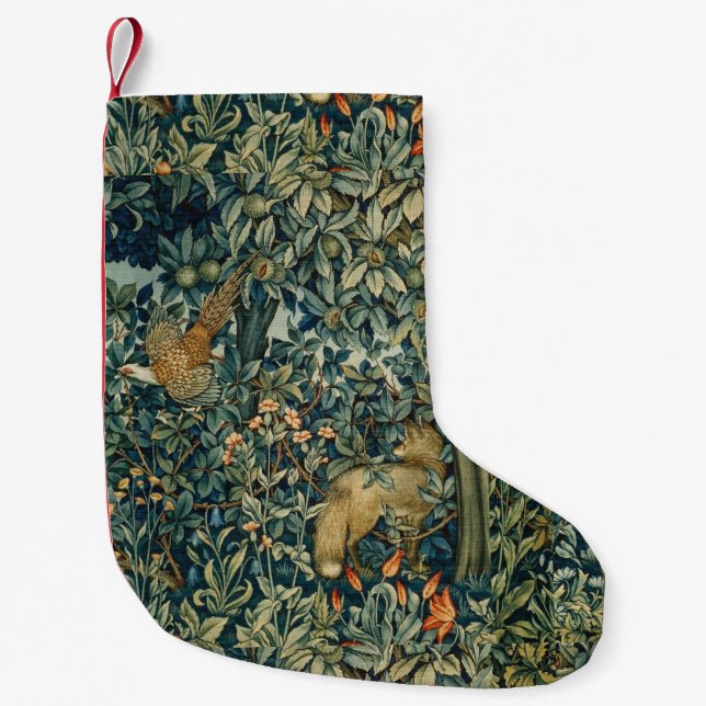 GREENERY,FOREST ANIMALS Pheasant ,Fox,Green Floral Small Christmas Stocking (Front)