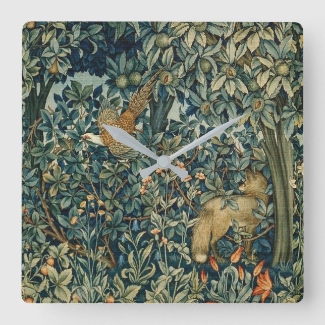 GREENERY,FOREST ANIMALS Pheasant ,Fox,Green Floral Square Wall Clock (Front)