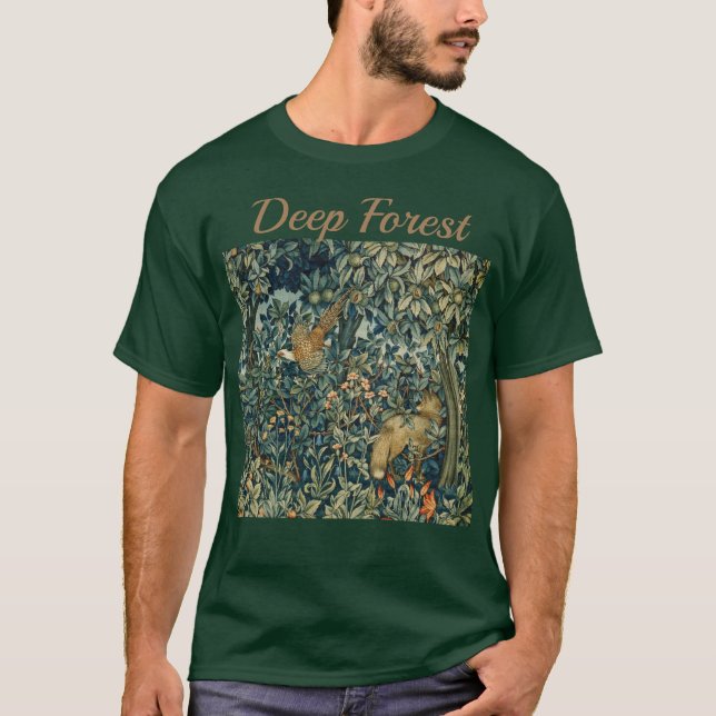 GREENERY,FOREST ANIMALS Pheasant ,Fox,Green Floral T-Shirt (Front)