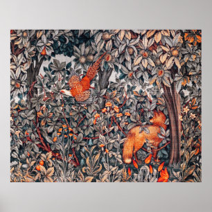 GREENERY,FOREST ANIMALS Pheasant ,Red Fox, Floral Poster