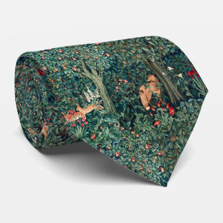 GREENERY,FOREST ANIMALS Red Fox,Hares,Green Floral Tie