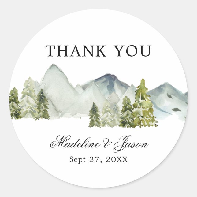 Greenery Forest Mountains Script Wedding Thank You Classic Round Sticker (Front)