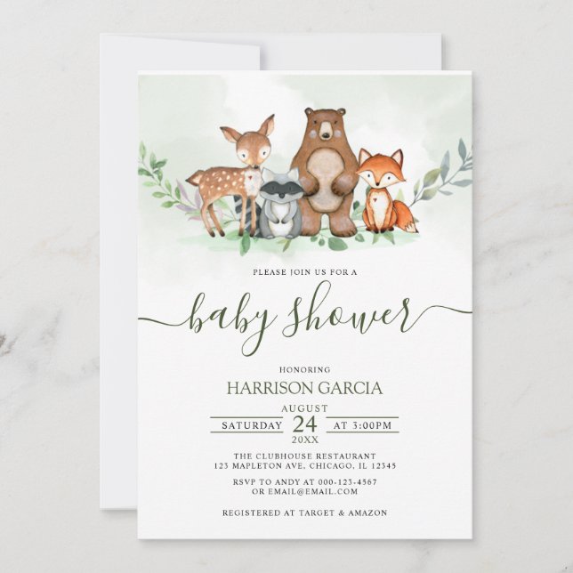 Greenery Forest WOODLAND Animals Baby Shower Invitation (Front)
