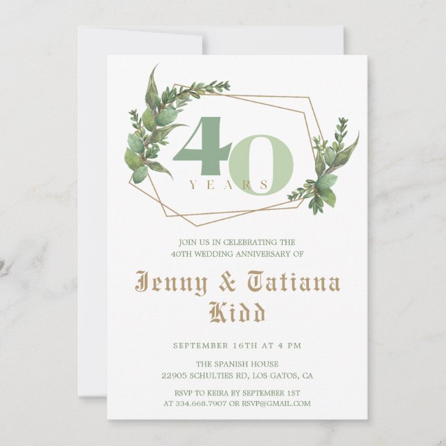 Greenery Frame 40th Wedding Anniversary Invitation (Front)