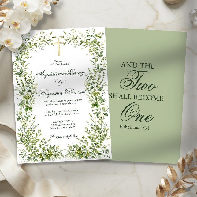 Greenery Frame Cross Christian Bible Verse Wedding Invitation (Creator Uploaded)
