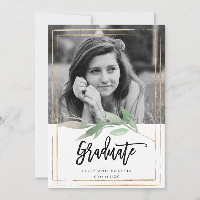 greenery frame faux gold photo graduation card (Front)