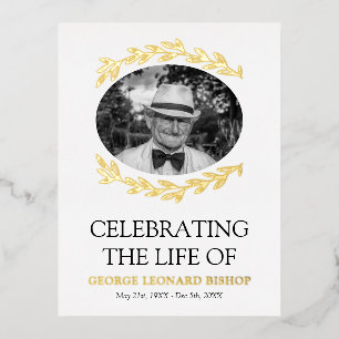 Greenery Frame Oval Photo Funeral Gold Foil Invitation Postcard