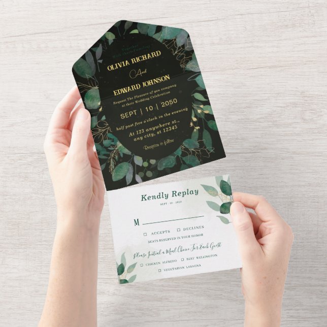 Greenery frame with Rsvp gold and Black Wedding All In One Invitation (Tearaway)