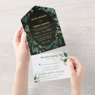 Greenery frame with Rsvp gold and Black Wedding All In One Invitation