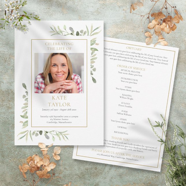 Greenery Funeral Memorial Order Of Service Program Invitation (Greenery Funeral Memorial Order Of Service Program)