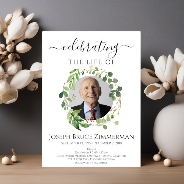 Greenery Funeral Memorial Service Photo Invitation (Creator Uploaded)