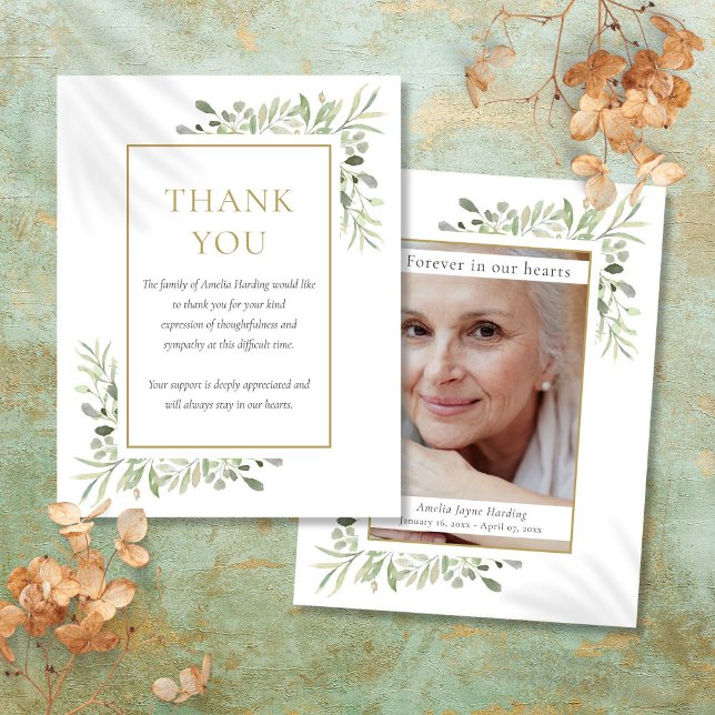 Greenery Funeral Photo Thank You Card (Greenery Funeral Photo Thank You Card)