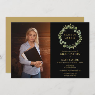 Greenery Garland Black Gold Photo Graduation Party Invitation