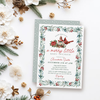 Greenery Garland Cardinal Merry Little Baby Shower Invitation