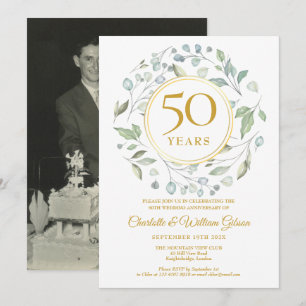 Greenery Garland Gold 50th Anniversary Photo Invitation
