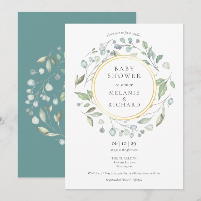 Greenery Garland Gold Foil Couples Baby Shower Invitation (Front/Back)