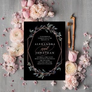 Greenery Geo Black Rose Gold Wedding Invitation