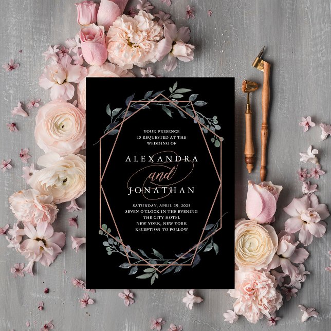 Greenery Geo Black | Rose Gold Wedding Invitation (Creator Uploaded)
