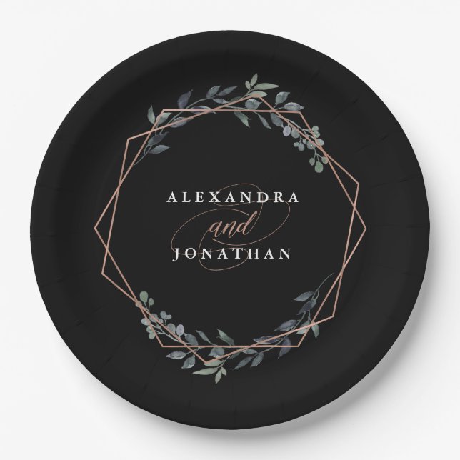 Greenery Geo Black | Rose Gold Wedding Paper Plate (Front)
